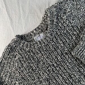 Vtg IRIS XL Black White Marled Chunky Knit Crew Neck Fisherman Sweater Cotton
